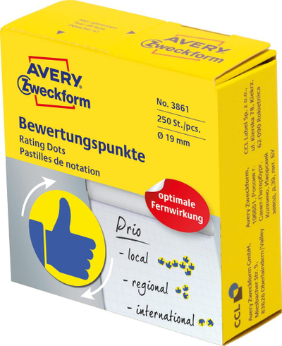 Etiketa rrethore Avery Zweckform 3861, 19mm, 250 copë, verdhë blu