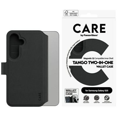 Kapak telefoni CARE by PanzerGlass Tango Two‑in‑One për Samsung Galaxy S25, me portofol, rri mirë me karikim wireless QI, i zi