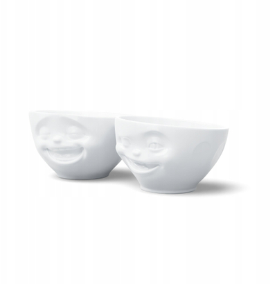 Set tasa porcelani TASSEN Medium Bowl No 4 me fytyra që qeshin e shkelin syrin, 2 copë, të bardha