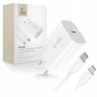 Karikues rrjeti Tech-protect NC20W, 20W PD, 1x USB C me kabllo Lightning, i bardhë