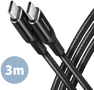 Кабел AXAGON USB-C - USB-C, USB 2.0, PD 60W 3A, ALU, плетенка, 3m, црна боја
