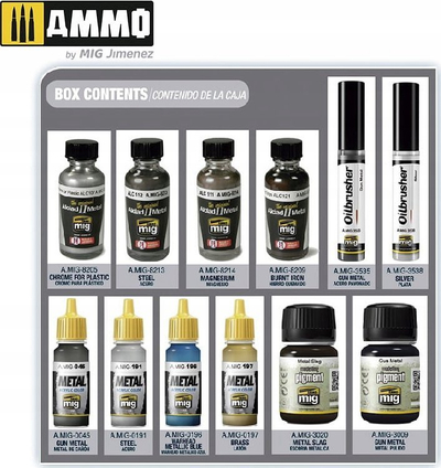 Set bojërash metalike Mig Ammo Metallics Super Pack, për modelizma, shumëngjyrëshe