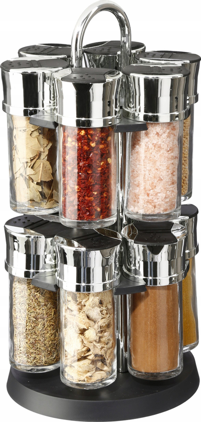 Rafte rrotullues për erëza Secret Du Gourmet, 12 kavanoza, xham dhe çelik inox, argjend