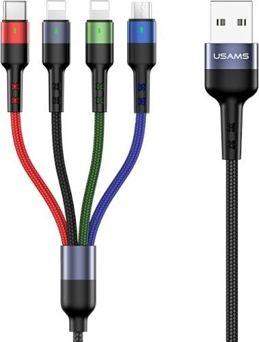 Kabllo Usams USB-A - USB-C, microUSB, 2x Lightning, 0.35m, e zezë