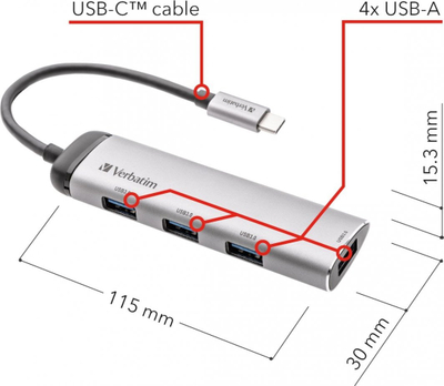 Hub USB C Verbatim Multiport, 4 porta USB 3.2 Gen 1, metalik