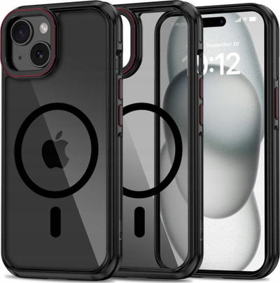 Kapak telefoni Tech-Protect MagHybrid MagSafe, për iPhone 15, transparent me kornizë të zezë me të kuqe