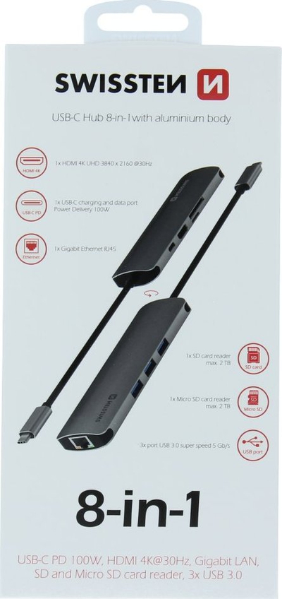 HUB USB C Swissten 8 in 1, HDMI 4K, LAN RJ45, gri alumini