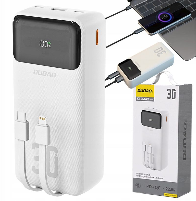 Power bank Dudao K15Max, 30000mAh, 22.5W PD, i bardhë