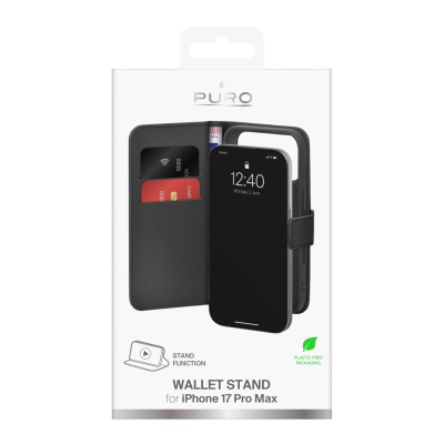 Mbulesë Puro PUIPC17P69BOOKC8BLK për iPhone 17 Pro Max, si portofol, me xhepa kartash, e zezë