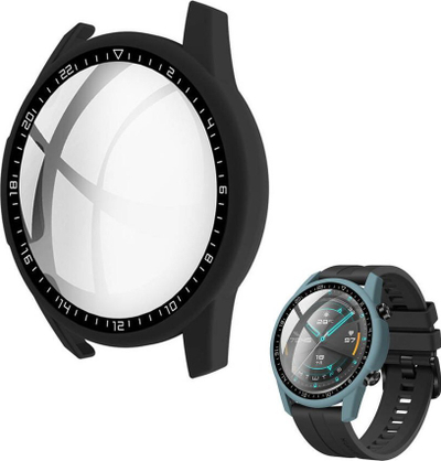 Maskë mbrojtëse Strado 2 në 1 me xham për Huawei Watch GT 2 46, plastike, e zezë