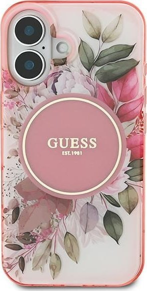 Mbulesë telefoni Guess GUHMP16MHFWBDCEP për iPhone 16 Plus 6.7", MagSafe, me lule, rozë