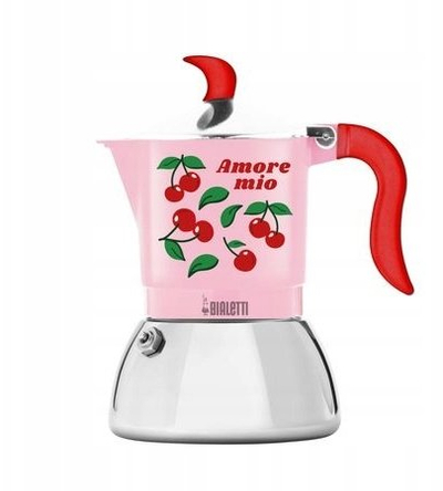 Xhezve për moka Bialetti Fiammetta Induction Cherries, për soba me induksion, trup rozë me qershi, dorezë e kuqe