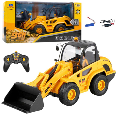 Lodër eskavator me pult Huina Toys 1:24, 2.4GHz, me drita LED, i verdhë