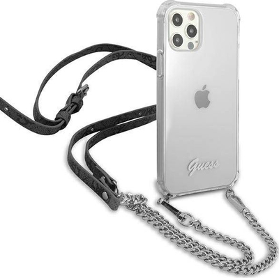Kapuç telefoni Guess GUHCP12MKC4GSSI për iPhone 12 / 12 Pro 6.1", kapak i fortë transparent, me rrip zinxhir argjendi