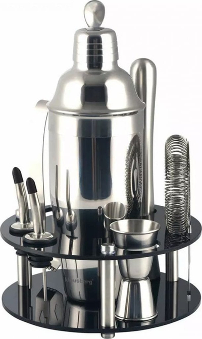 Set bartendër për kokteje, 9 pjesë, me qëndrim akrilik, inox, ngjyrë argjendi