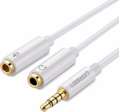 Adaptër audio Ugreen 10789, 3.5mm mashkull në 2x 3.5mm femër, splitter kufjesh, i bardhë