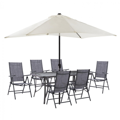 Set Tavolinë 150×90 cm + 6 karrige palosëse + çadër,"HM11480", bezhë/ gri