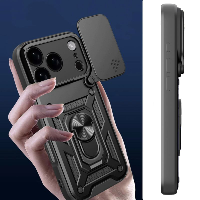 Mbulesë telefoni Hurtel Hybrid Armor Camshield për iPhone 17 Pro Max, me kapak kamere, me këmbë mbajtëse, e zezë
