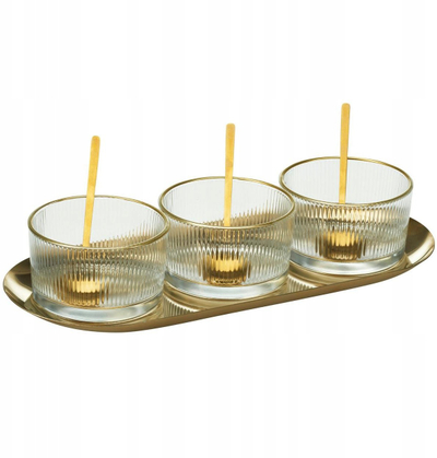 Set servirjeje Glass Serving Set, 3 pjata qelqi, tabaka çelik inox, ngjyrë ari