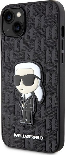 Mbështjellës telefoni Karl Lagerfeld Saffiano Monogram Ikonik për iPhone 14 Plus, lëkurë eko, shkon me karikim me valë, i zi