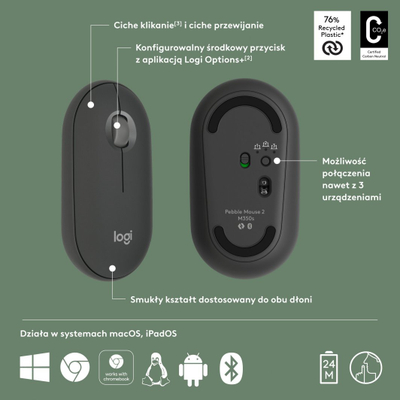 Maus Logitech Pebble 2 M350s (910-007015), Bluetooth, kompakt, i zi/grafit, rozë, i bardhë