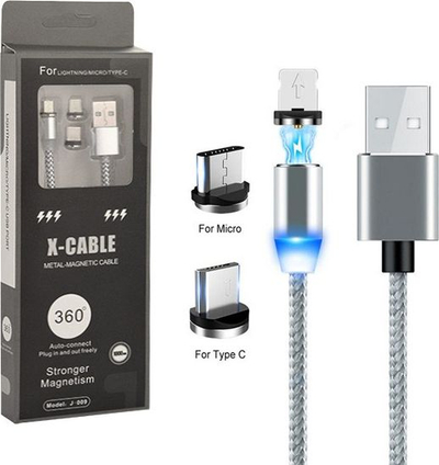 Kabllo karikimi Ecobox 3n1 me magnet 360, USB në Type C microUSB Lightning, 1 m, 2A, ngjyrë argjendtë