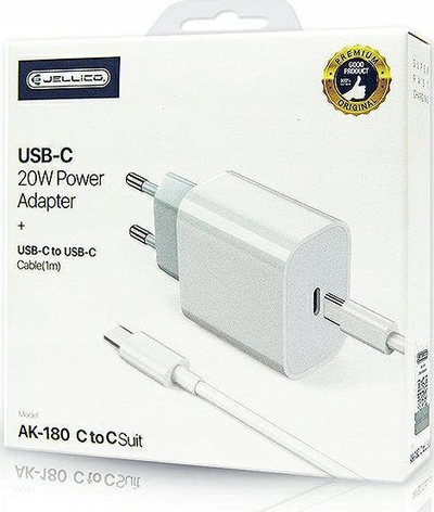 Karikues muri JELLICO AK180 PD, 20W, 1x USB C me kabllo USB C, i bardhë