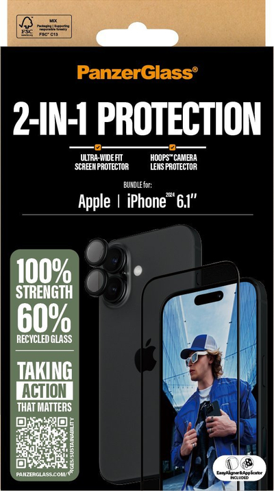 Set mbrojtës PanzerGlass 2‑në‑1 për iPhone 16, xham për ekran 6.1", mbrojtës lente kamere, transparent
