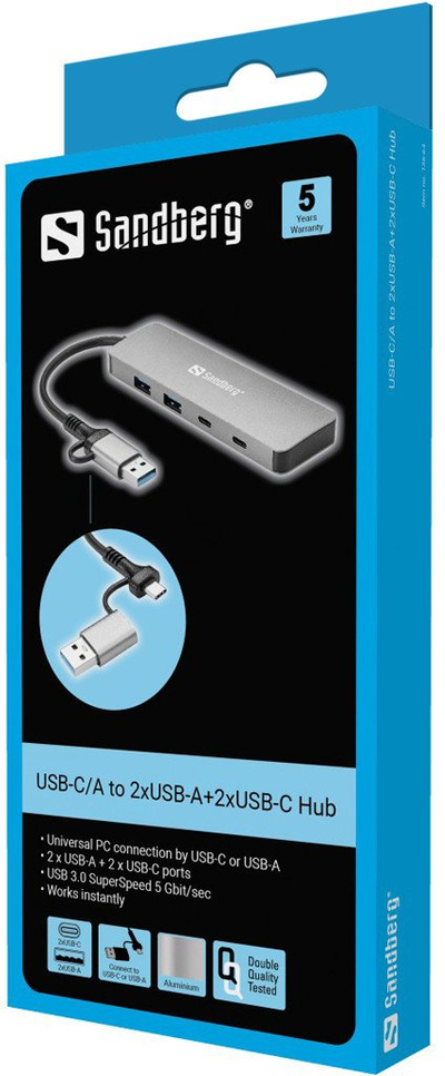 Hub USB Sandberg USB C edhe USB A, 2x USB C, 2x USB A, gri