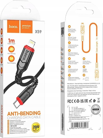 Kabllo Hoco Victory X59, Type-C në Lightning, 20W PD, 1m, e zezë