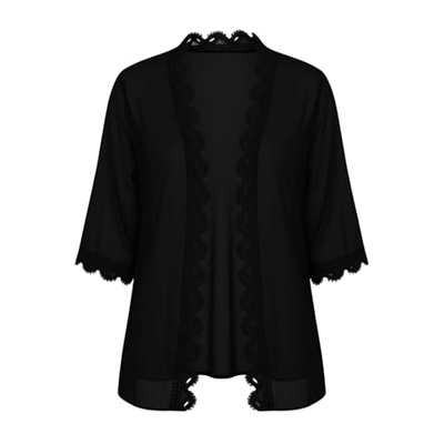 Kardigan kimono për gra, veror, mëngë 3 4, L, i zi