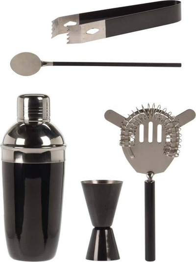 Set aksesorësh bar për pije, çelik inox, shaker me aksesorë, argjendtë dhe i zi