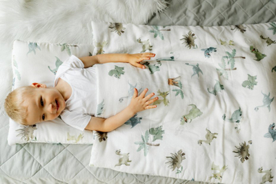 Set shtrati për bebe me muslin pambuku, 80x100cm, me dinozaur shumëngjyrësh