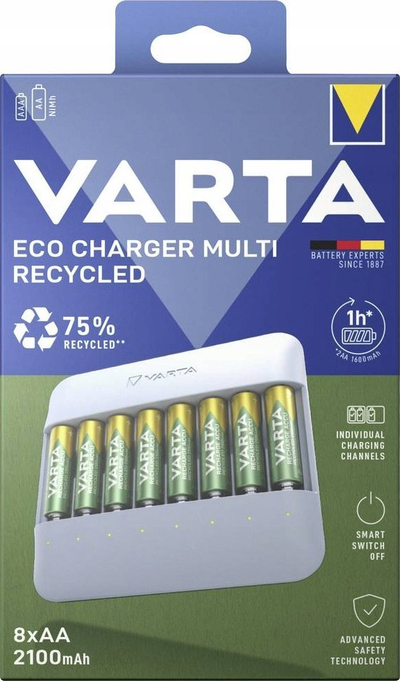 Karikues baterish Varta Eco Charger 57682101121, për AAA dhe AA, karikim i shpejtë, gri