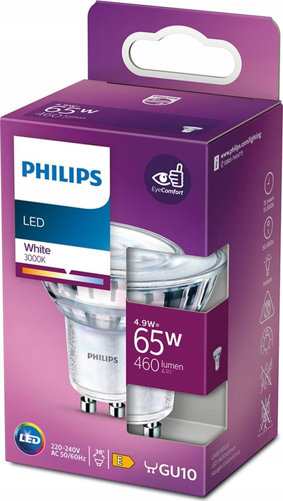 Llampë LED Philips LEDClassic GU10, 4.9W në vend të 65W, 3000K, dritë e bardhë