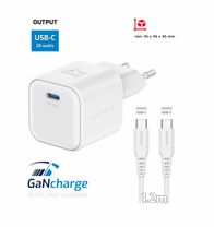 Karikues SWISSTEN, GaN 1x USB-C, 20W PD, me kabllo Type-C/Type-C, i bardhë
