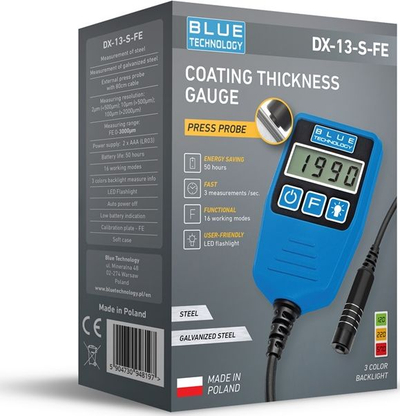 Matës trashësie boje Blue Technology DX-13-S-FE, 0-3000 µm, 2x AAA, blu