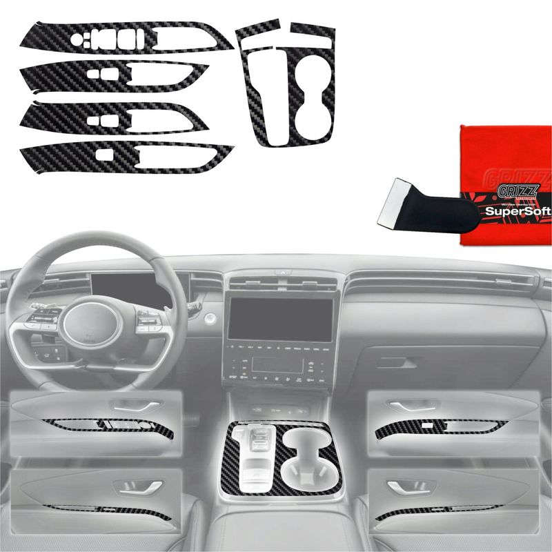 Folie mbrojtëse interieri GrizzGlass PianoSkin, Hyundai Tucson N-Line 2021-2024, set 5 copë, karbon i zi me shkëlqim