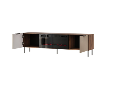 Komodë TV ALMERA, 180.5x42x52.5 cm, oxhak elektrik, arrë dhe cashmere me detaje të zeza