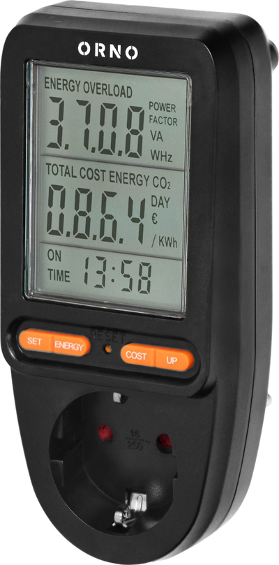Prizë me matës konsumi ORNO OR-WAT-435(GS)/B, ekran digjital, 16A 3680W, e zezë