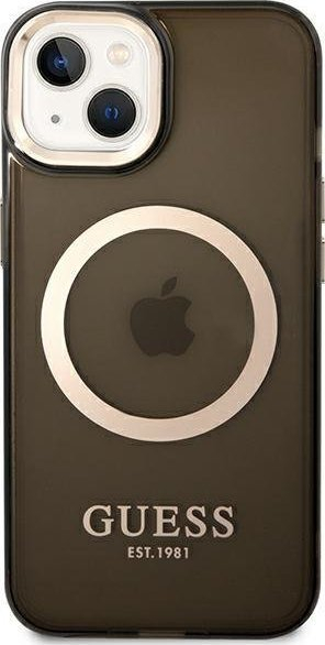Mbulesë telefoni Guess GUHMP14SHTCMK për iPhone 14, MagSafe, transparente me ari, e zezë