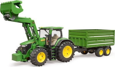 Traktor lodër BRUDER John Deere 7R 350, me karikus përpara, me rimorkio me 2 boshte
