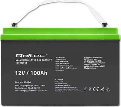 Bateri gel Qoltec 53080, 12V, 100Ah, gri jeshile
