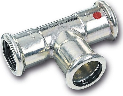 Tee reduktuese me presion Sanha Therm C Steel 42x18x42mm, për tub çeliku, e galvanizuar