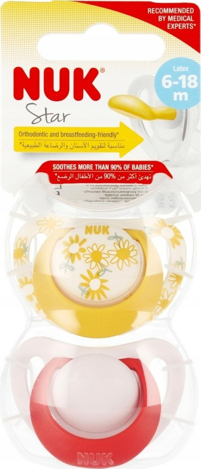 Bibëron qetësues NUK Soothing, latex, 6–18 muajsh, me yje, i verdhë me të kuqe
