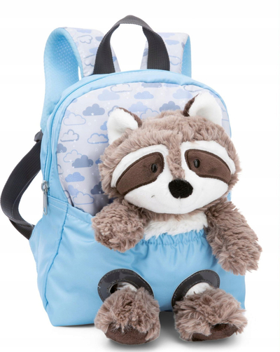 Çantë shpine për kalamaj Nici Travel Friends, me lodër rakun pelush, 25 cm, blu e çelët