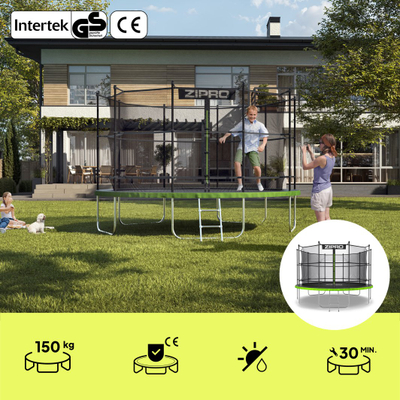 Trampolinë kopshti Zipro Jump Pro, rrjetë e brendshme, 14FT 435cm, jeshile e zezë