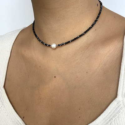 Qafore Alisia Al4107, argjend 925, spinel i zi me perlë, argjendi