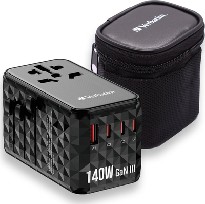 Adapter universal udhëtimi Verbatim UTA-10, 140W GaN III, 3x USB-C PD, 1x USB-A QC 3.0, i zi