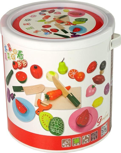 Lodër kuzhine Leantoys set frutash dhe perimesh druri, për prerje, shumëngjyrëshe